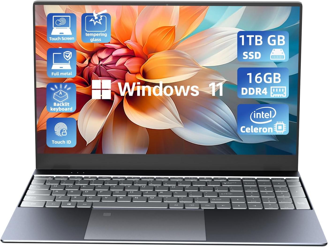 Morostron Laptop con pantalla táctil de 15.6 pulgadas, 16 GB de RAM, 1 TB SSD 1080P FHD, Windows 11 Intel Quad-Core, portátil de metal completo con