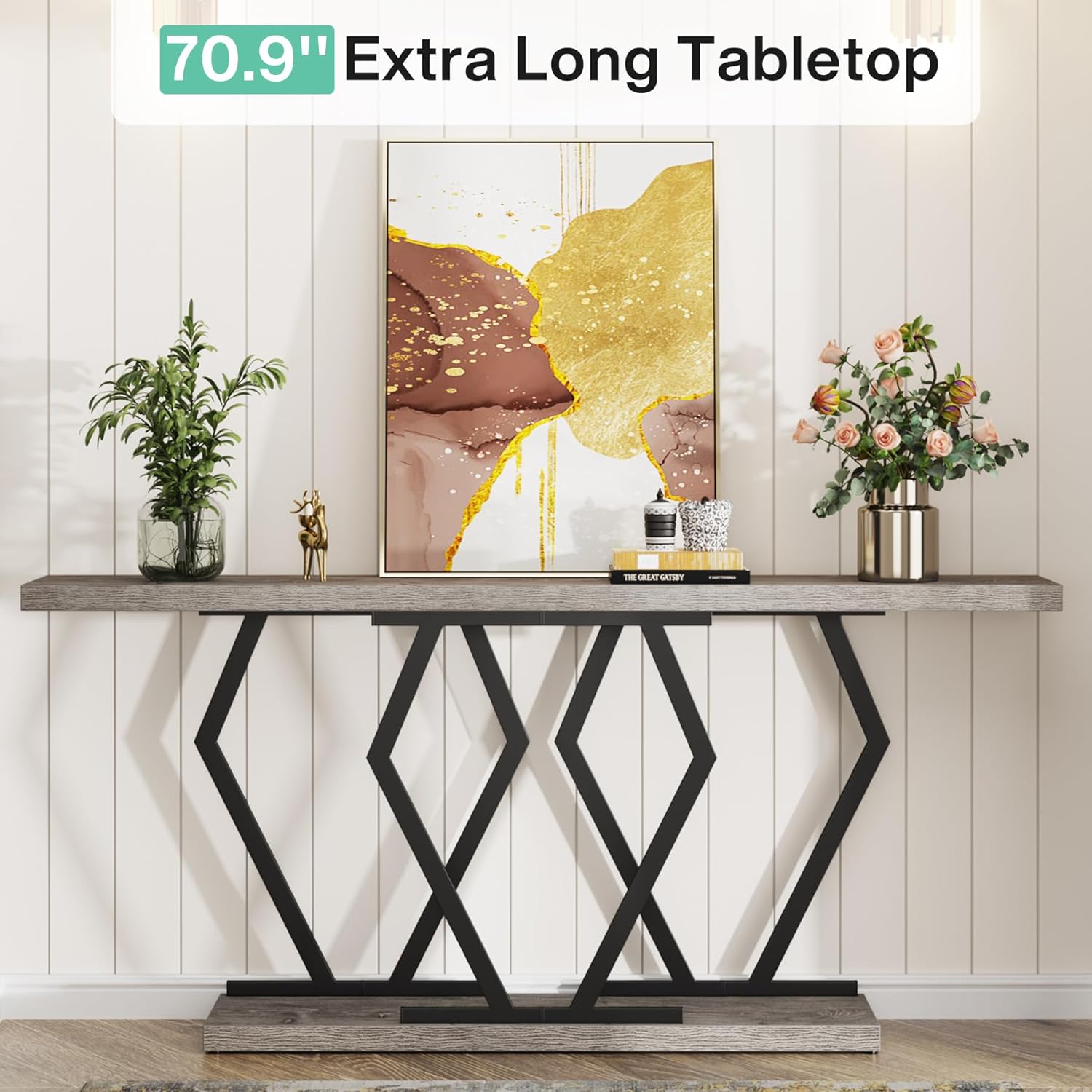 Tribesigns Mesa consola de 70.9 pulgadas para sala de estar, mesa de sofá larga estrecha con marco de metal geométrico resistente, mesa de madera