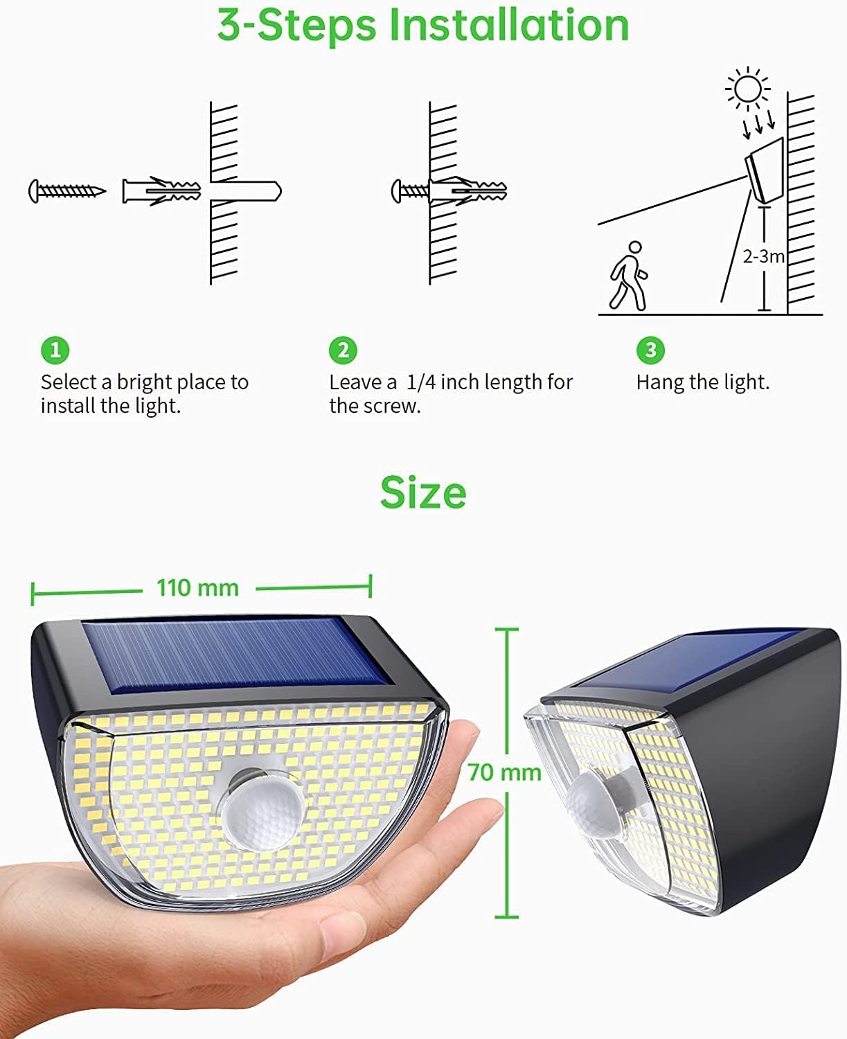 OOTDAY 200 luces LED solares con sensor de movimiento, luces solares para exteriores IP65 impermeables, luz de pared solar con 3 modos de