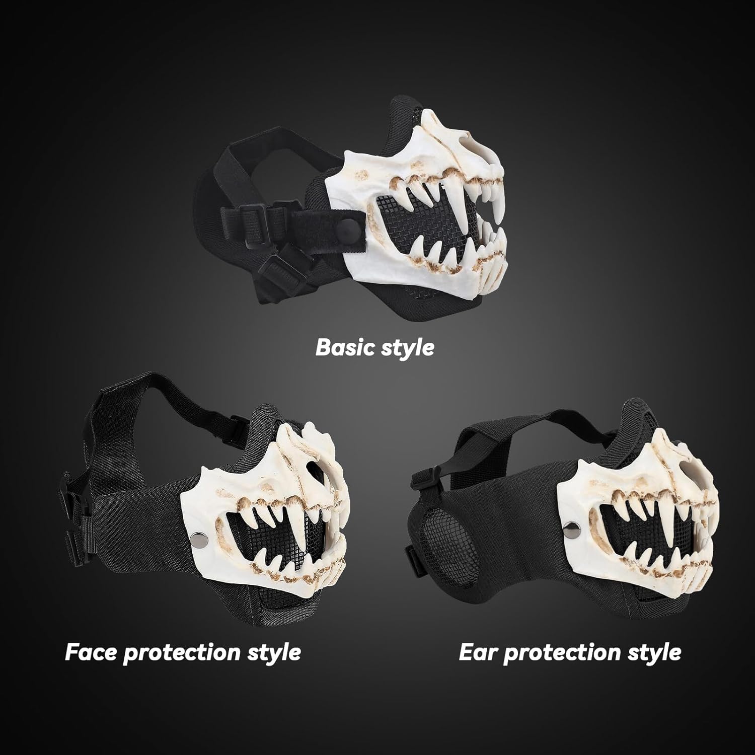 Airsoft – Máscaras tácticas de calavera de media cara con protección facial para las orejas, máscara de malla para Halloween, paintball, CS caza
