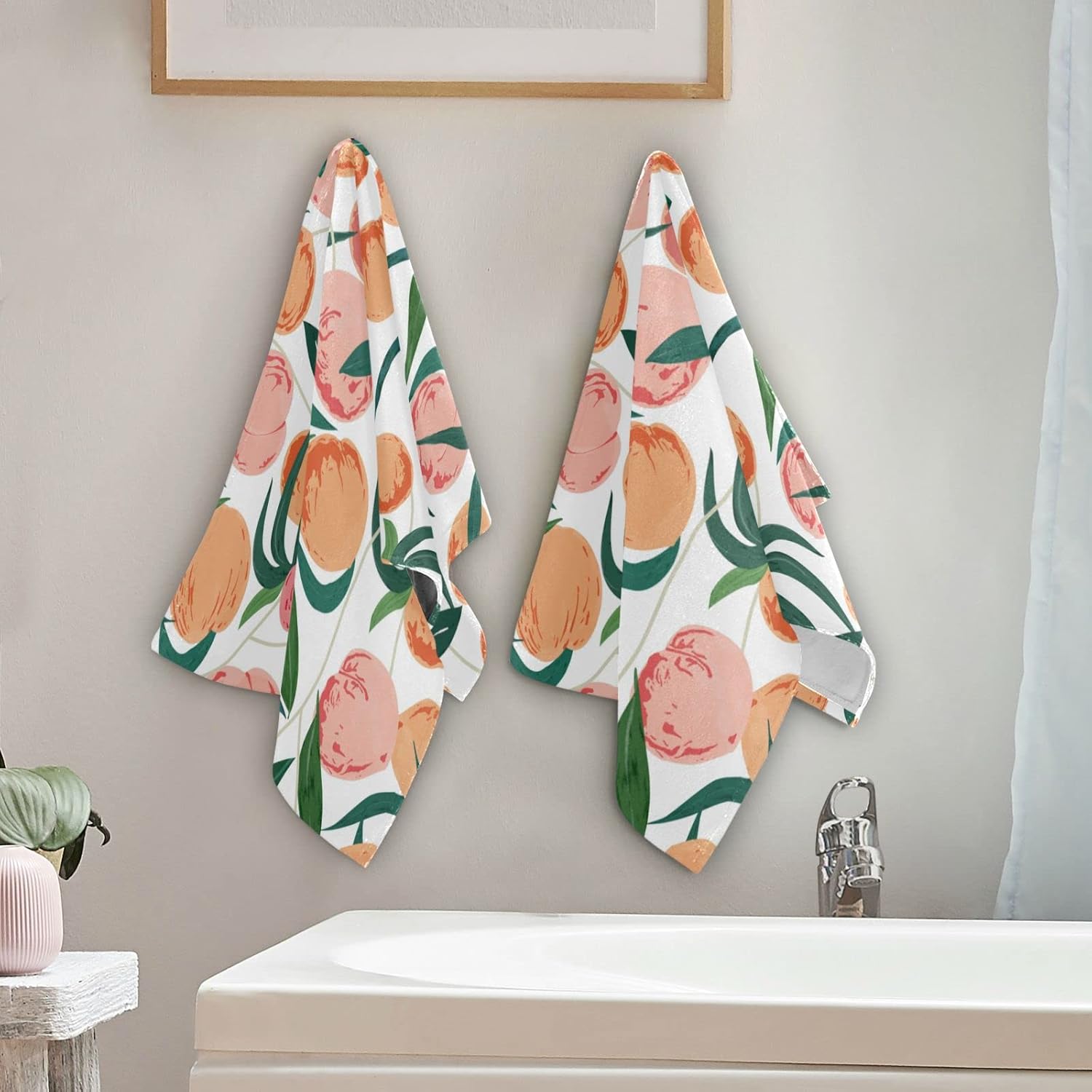 Juego de 2 toallas de mano para baño, acuarela, rosa, naranja, melocotón, suaves, absorbentes, hojas verdes, toallas de cocina, toallas decorativas