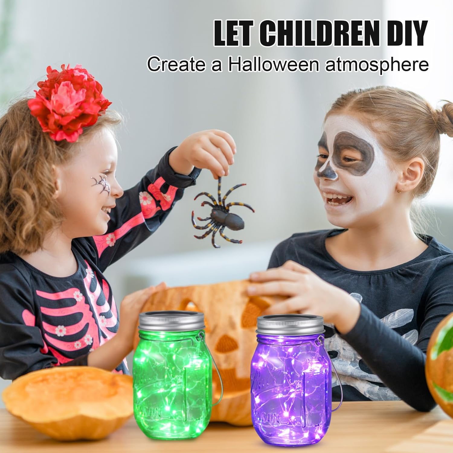 6 luces solares de tarro de masón de Halloween, 30 luces LED, cadena de luces colgantes mini linterna solar impermeable al aire libre centro de mesa