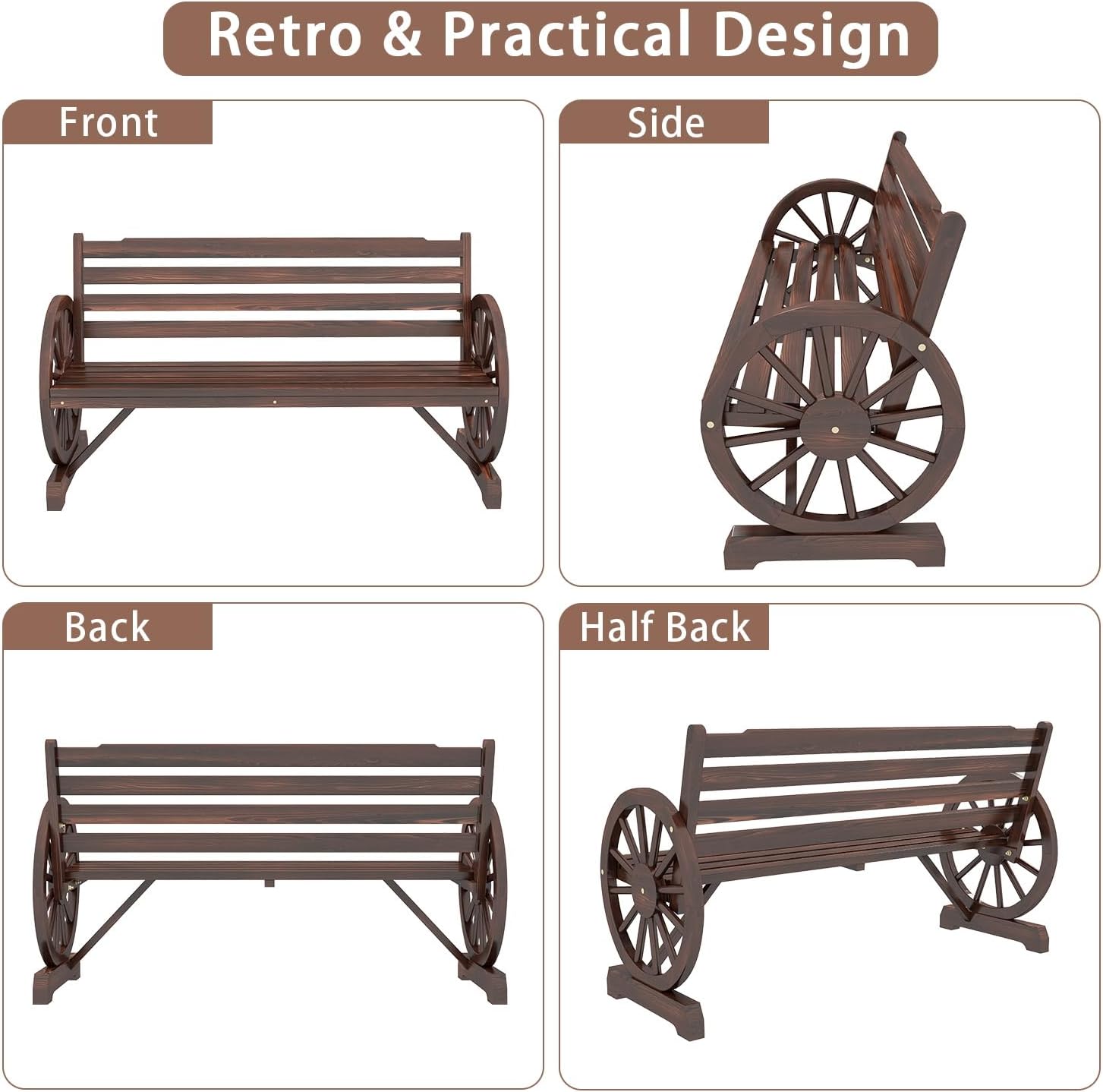 kinbor Banco rústico de madera de 55 pulgadas, asiento de banco para exteriores, banco para 2 personas con respaldo