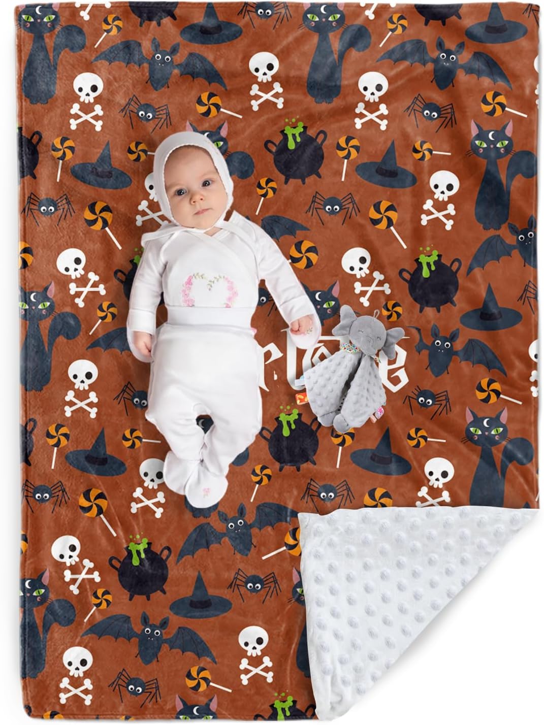 Duckbe Manta de Halloween personalizada, nombre personalizado con diseños de dibujos animados, manta de franela de felpa suave con respaldo punteado