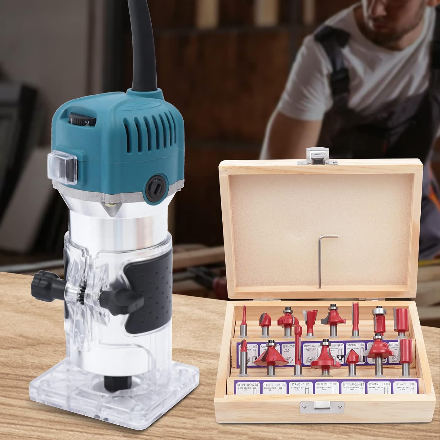 Herramienta de enrutador de madera, enrutador compacto con 6 velocidades variables, 15 brocas de enrutador de madera, herramientas de carpintería