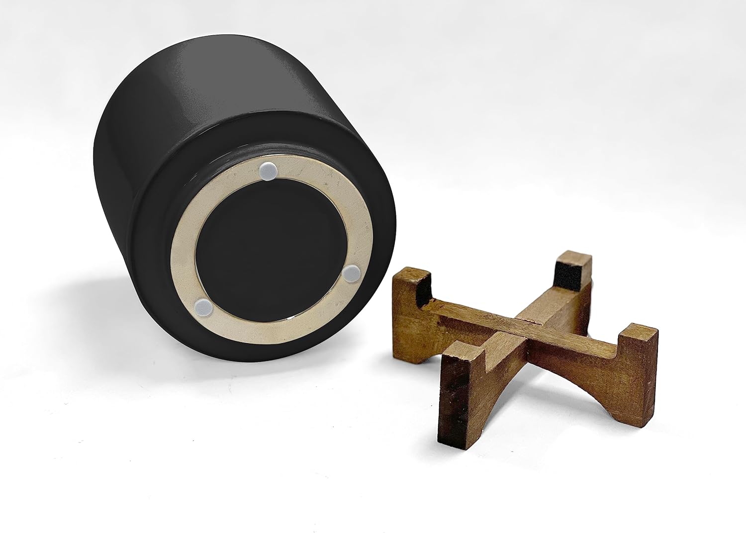 Maceta de cerámica con soporte de madera, maceta de 6.5 pulgadas de altura y 5.1 pulgadas de diámetro, maceta de cerámica negra para plantas y