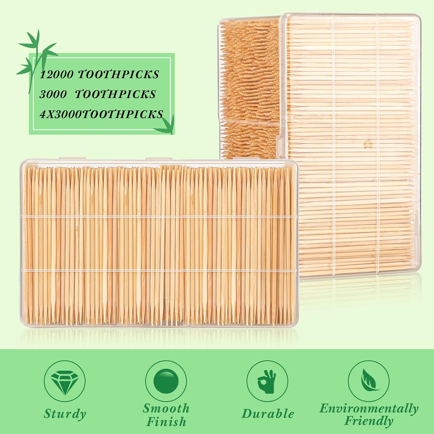 Jerify 12000 palillos de madera de bambú redondos de doble cara con caja de almacenamiento de plástico transparente para aperitivos, parrilladas de