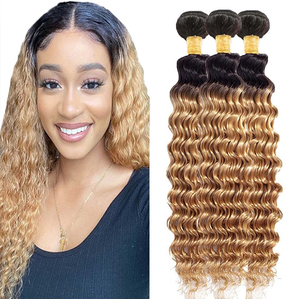 Paquetes de cabello humano rubio miel 1B27 ombré, paquetes de ondas profundas rubias, 24, 24, 24 pulgadas, negro a rubio miel, doble trama, sin