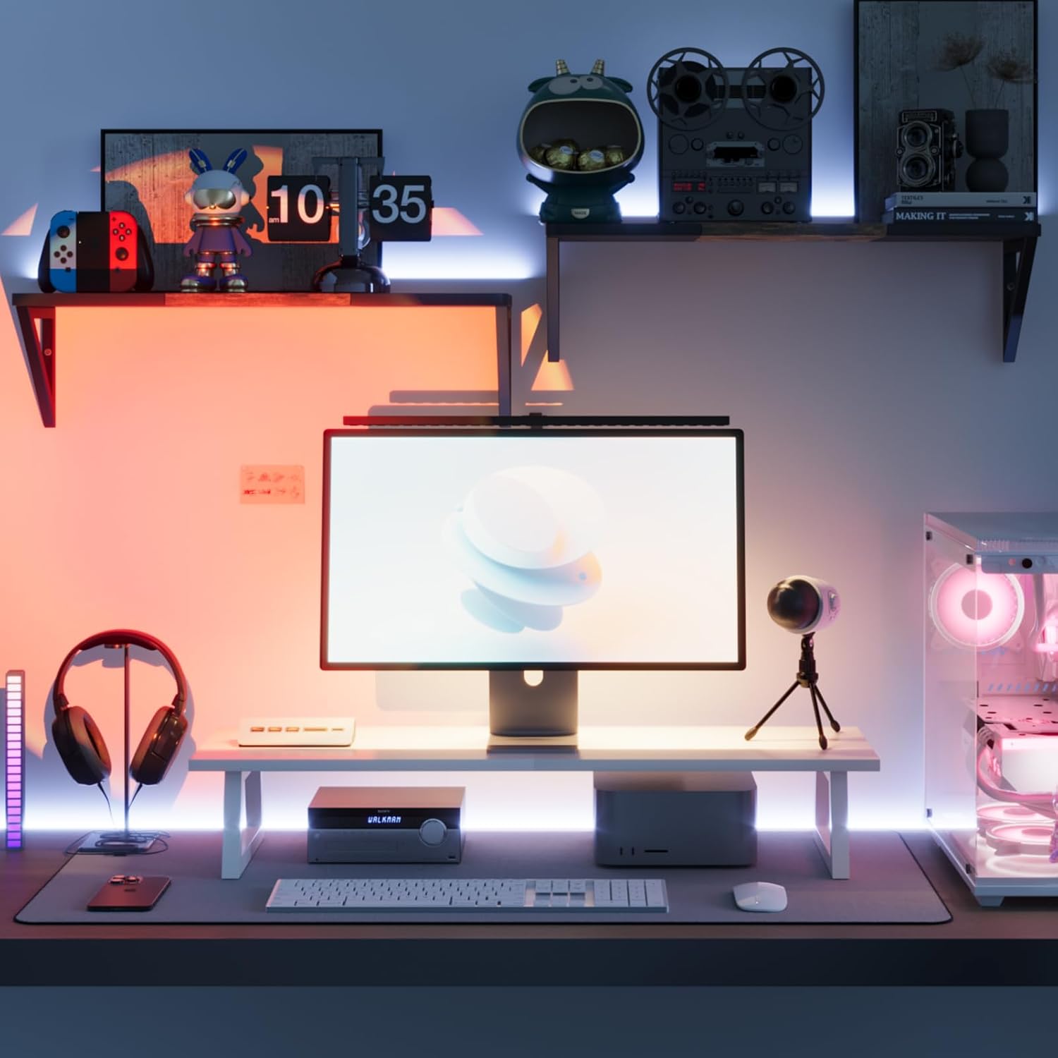 TEAMIX Elevador de monitor doble blanco, soporte de monitor de 31.5 pulgadas de largo, soporte de TV ancho, soporte de monitor blanco para 2