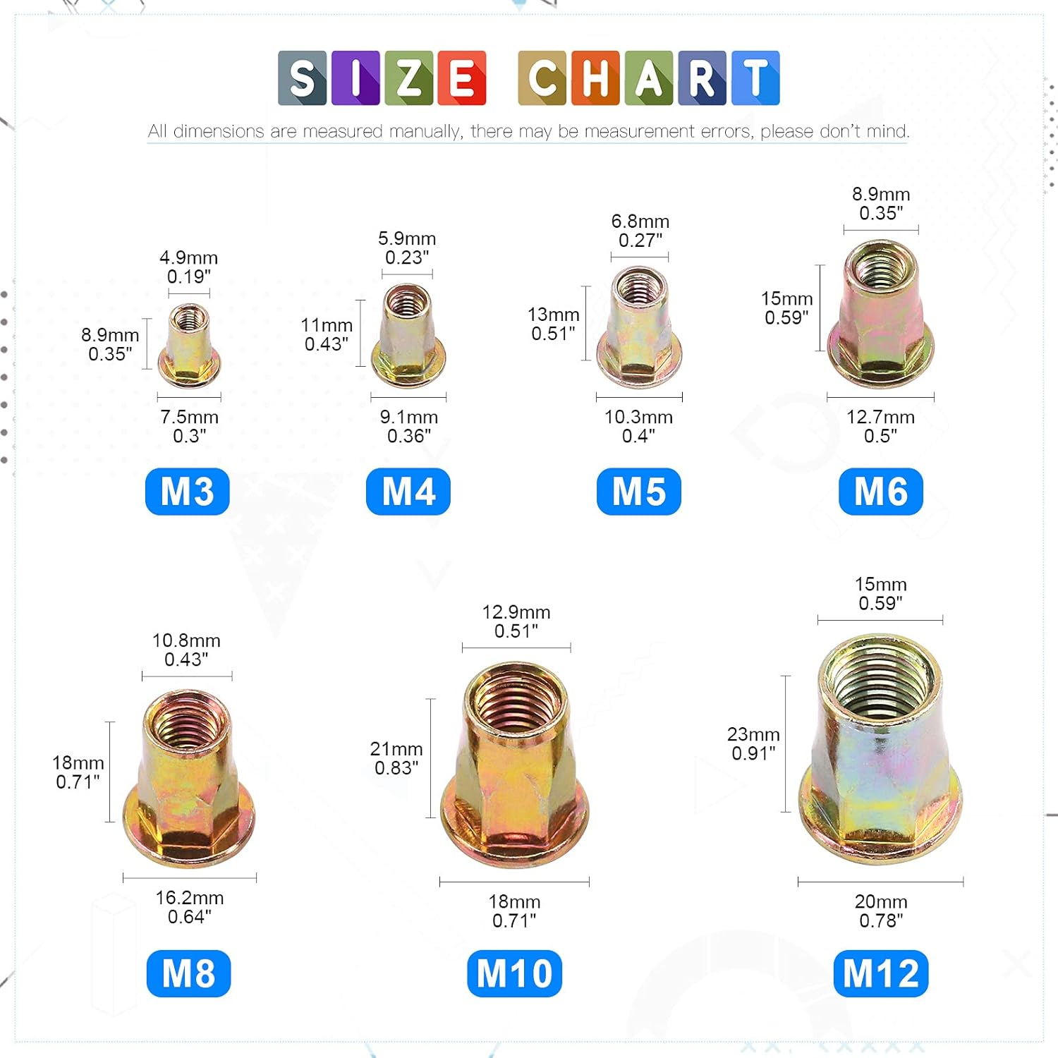 Glarks Juego de 60 tuercas de remache de brida de cuerpo hexagonal M6 de acero al carbono chapadas en zinc, cabeza plana roscada, tuerca de