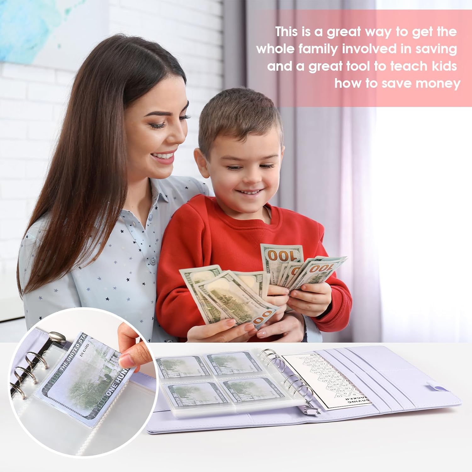 Libro de desafíos de ahorro de dinero con 100 sobres, carpeta de presupuesto A5 con 100 bolsillos, calcomanías de números y una hoja de seguimiento,