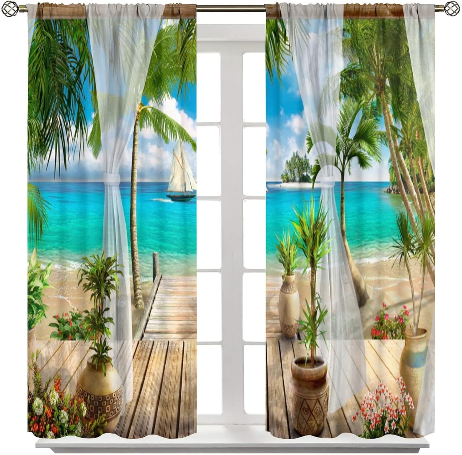 Cortinas de paisaje, ventana tropical con vista al mar, océano, playa, barco, cortinas con estampado de palmeras para dormitorio, sala de estar,