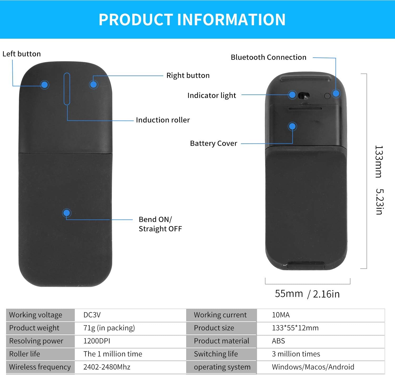 Ratón inalámbrico Bluetooth de arco ergonómico plegable ratón óptico táctil ratón de viaje Ratón plegable silencioso para computadora Mac OS,