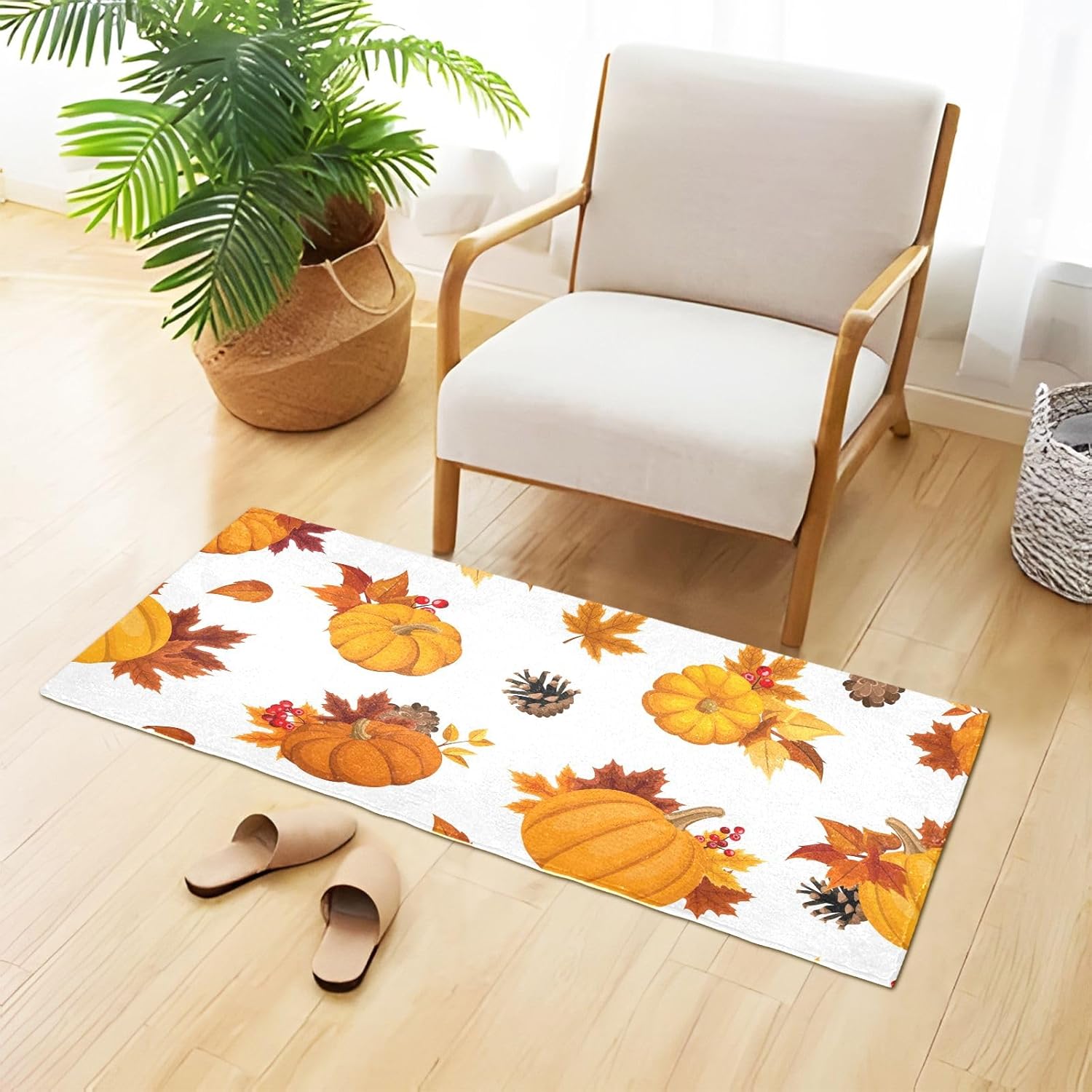Fluffy Floor Carpet 39x20in- Pumpkins and Yellow Maple Leaves in AutumnFront Door Mat Indoor Machine Washable Carpet,Aesthetic Rug