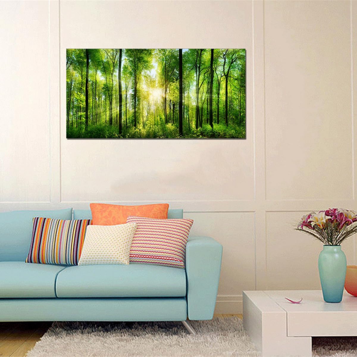 Lienzo impreso para pared, decoración del hogar, amanecer por la mañana, árboles verdes, paisaje, sol sobre bosque, imagen realismo, rústico,