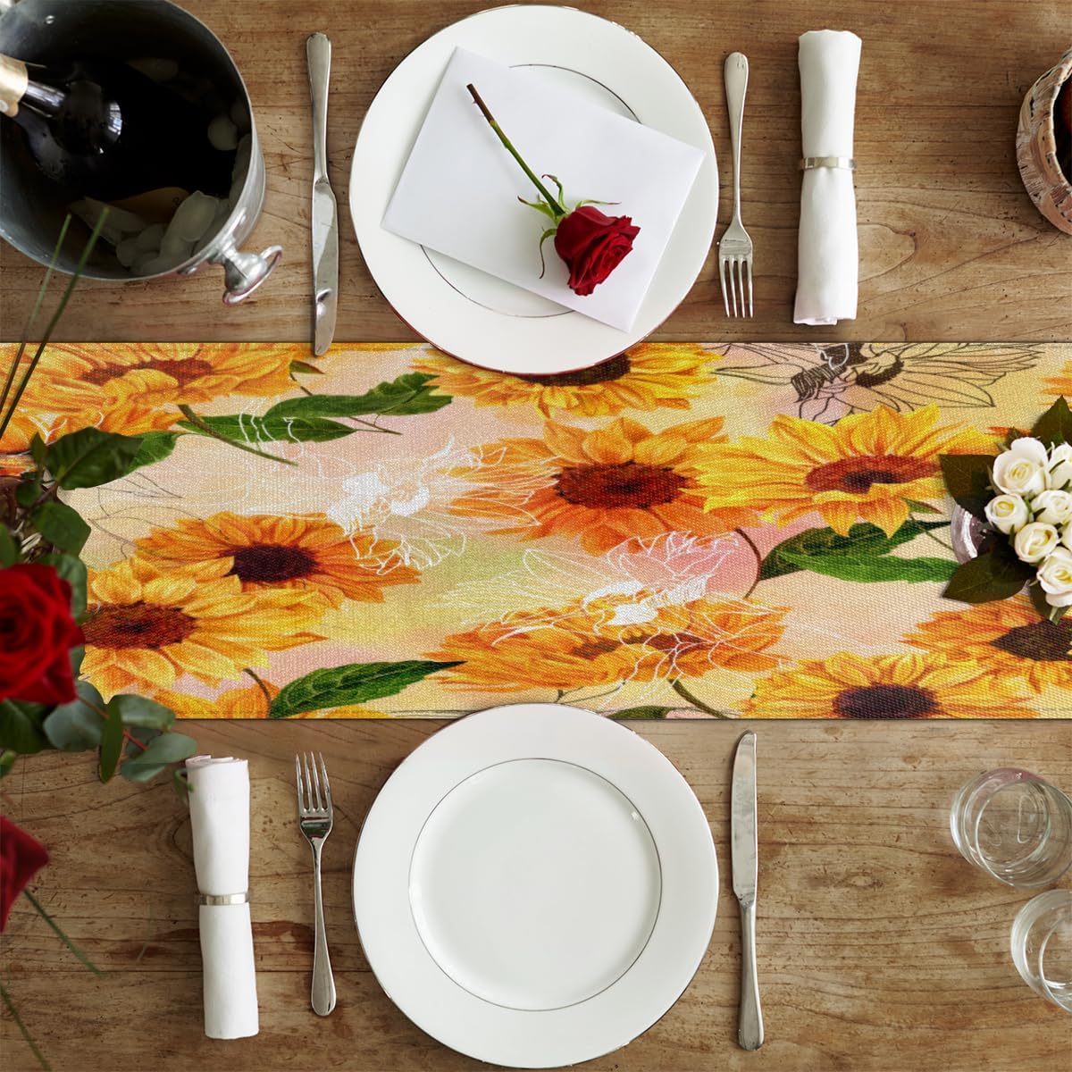 Table Runner Rustic Sunflowers, Rustic Linen Table Cloth for Farmhouse Kitchen, Dinner, Events, Party, Holiday Table Decor 13 x 120 Inches