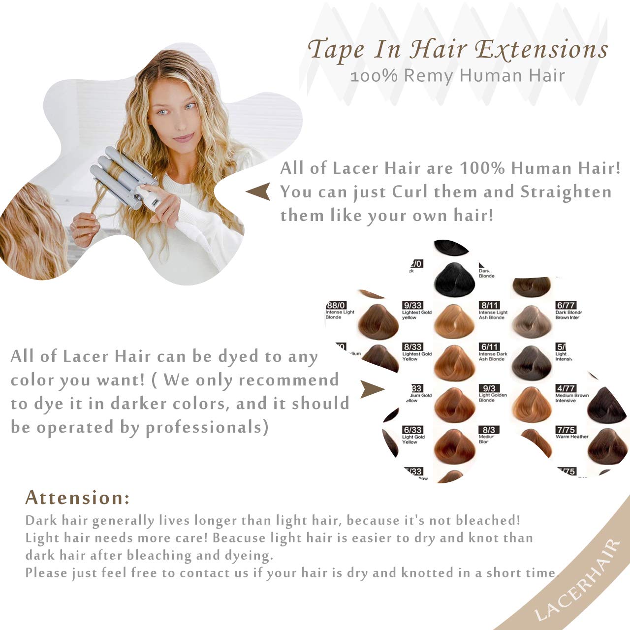 Lacer Extensiones de cabello humano Remi Remy con cinta adhesiva en trama de piel, sin costuras, 60A, rubio ceniza platino, 100% real, Remi Remi,