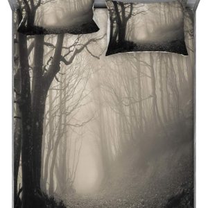 Lunarable Juego de sábanas bajeras góticas y fundas de almohada, camino en el bosque gótico, árboles a través de niebla misteriosa naturaleza Lunarable Juego de sábanas bajeras góticas y fundas de almohada, camino en el bosque gótico, árboles a través de niebla misteriosa naturaleza