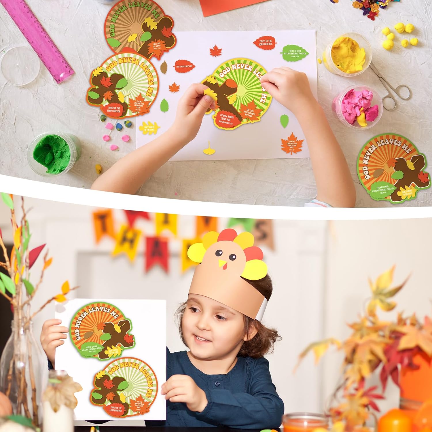 Juego de 24 kits de manualidades religiosas de otoño de Acción de Gracias para niños, kit de manualidades con cruz cristiana Dios nunca me deja con