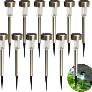 Paquete de 12 luces solares para exteriores, de acero inoxidable, impermeables, luces LED, iluminación de paisaje para jardín, camino, entrada, Paquete de 12 luces solares para exteriores, de acero inoxidable, impermeables, luces LED, iluminación de paisaje para jardín, camino, entrada,