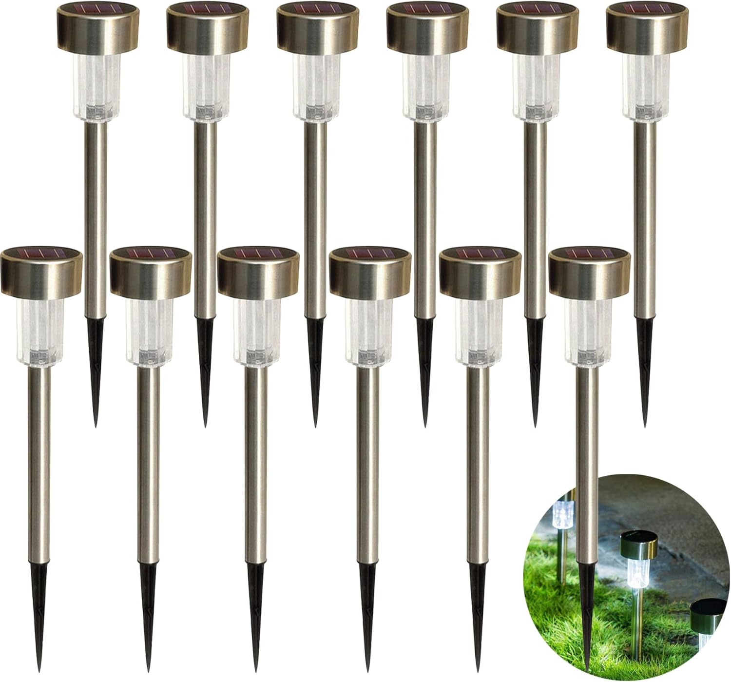 Paquete de 12 luces solares para exteriores, de acero inoxidable, impermeables, luces LED, iluminación de paisaje para jardín, camino, entrada,