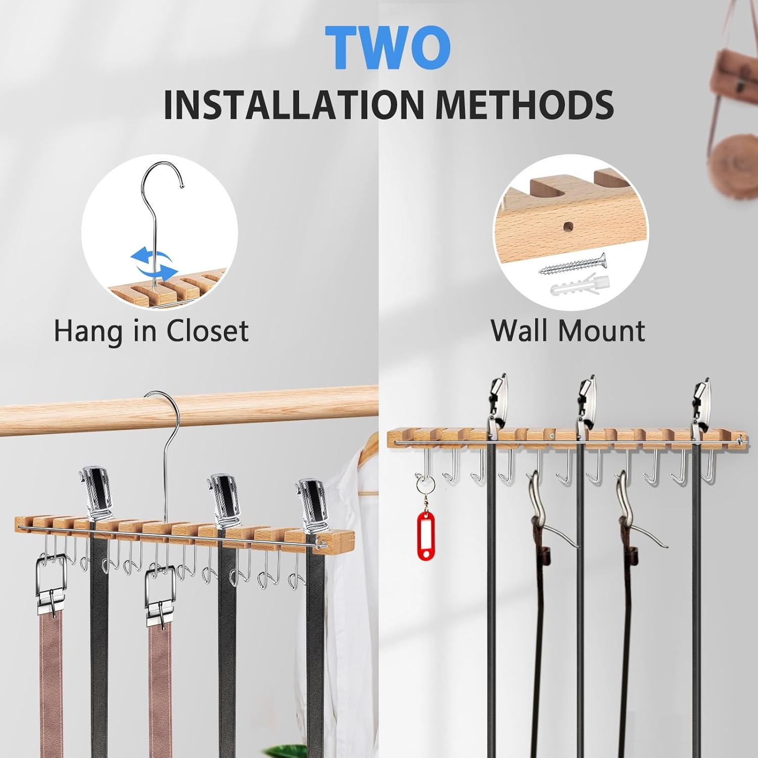 Percha para cinturón para armario, para evitar caídas y soporte de pared para cinturón de madera, sostiene 23 cinturones, soporte para cinturón para