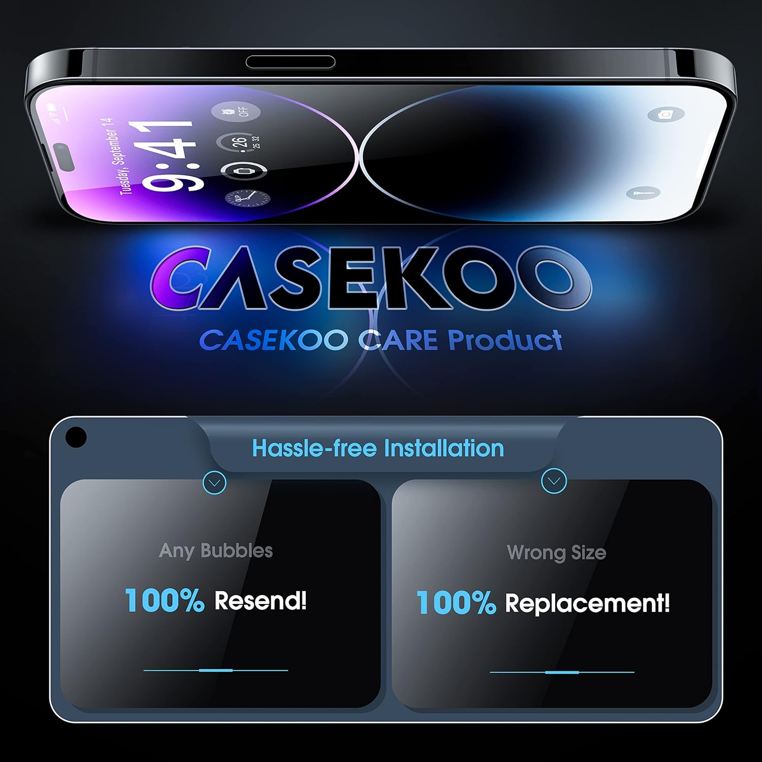 CASEKOO KooFilm – Protector de pantalla para iPhone 14 Pro Max Pantalla original Protección inastillable Vidrio templado dureza 9H, compatible con