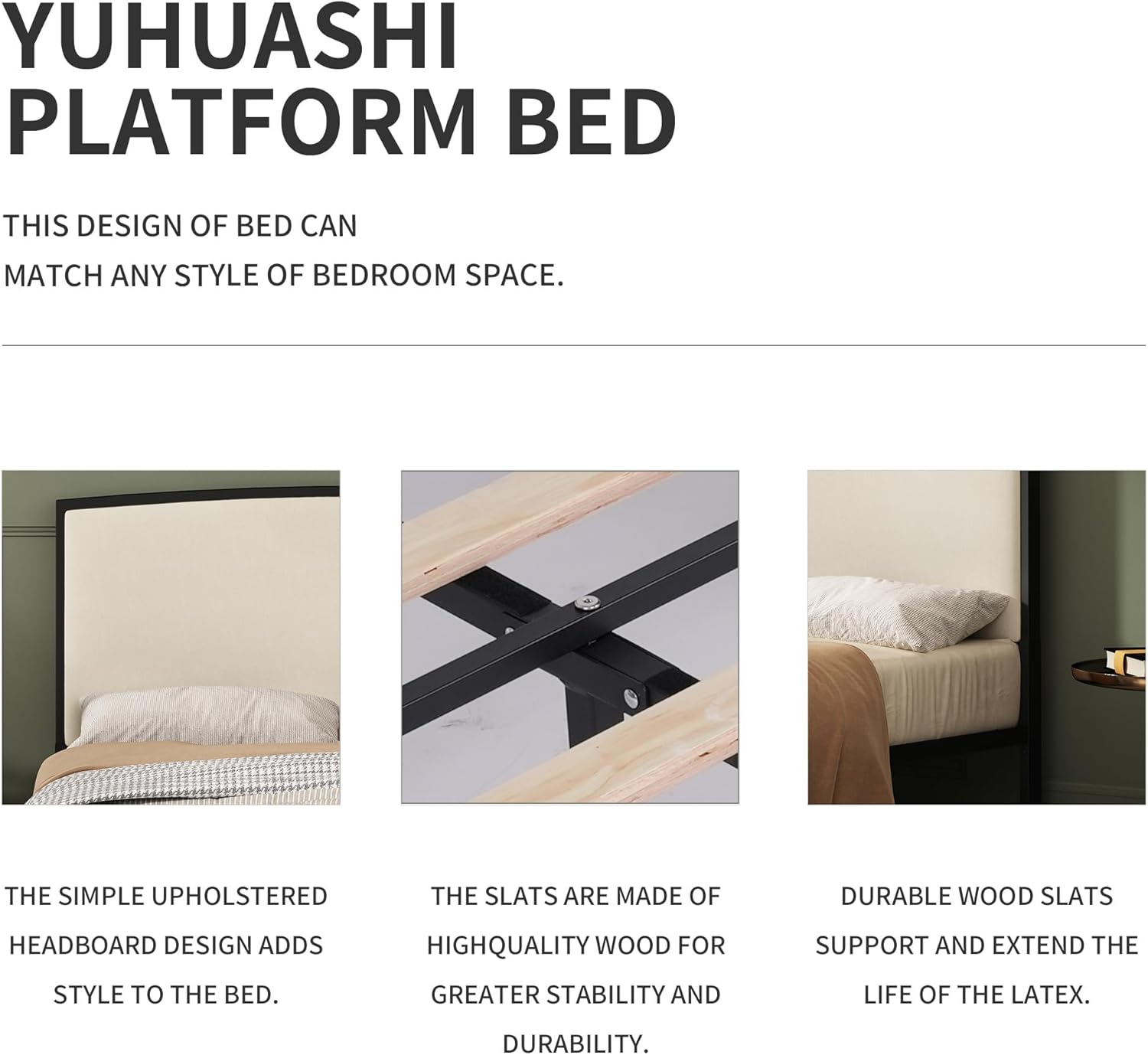 YUHUASHI Base de cama de metal con plataforma, diseño simple, cabecera curvada cubierta de lino, marco y pie de metal, fácil de montar y silencioso
