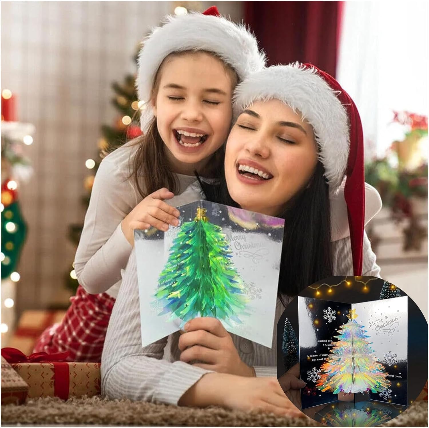 Tarjeta desplegable 3D única de árbol de Navidad  Sobre creativo de Navidad con purpurina 2024, tarjeta tridimensional, tarjeta de felicitación de