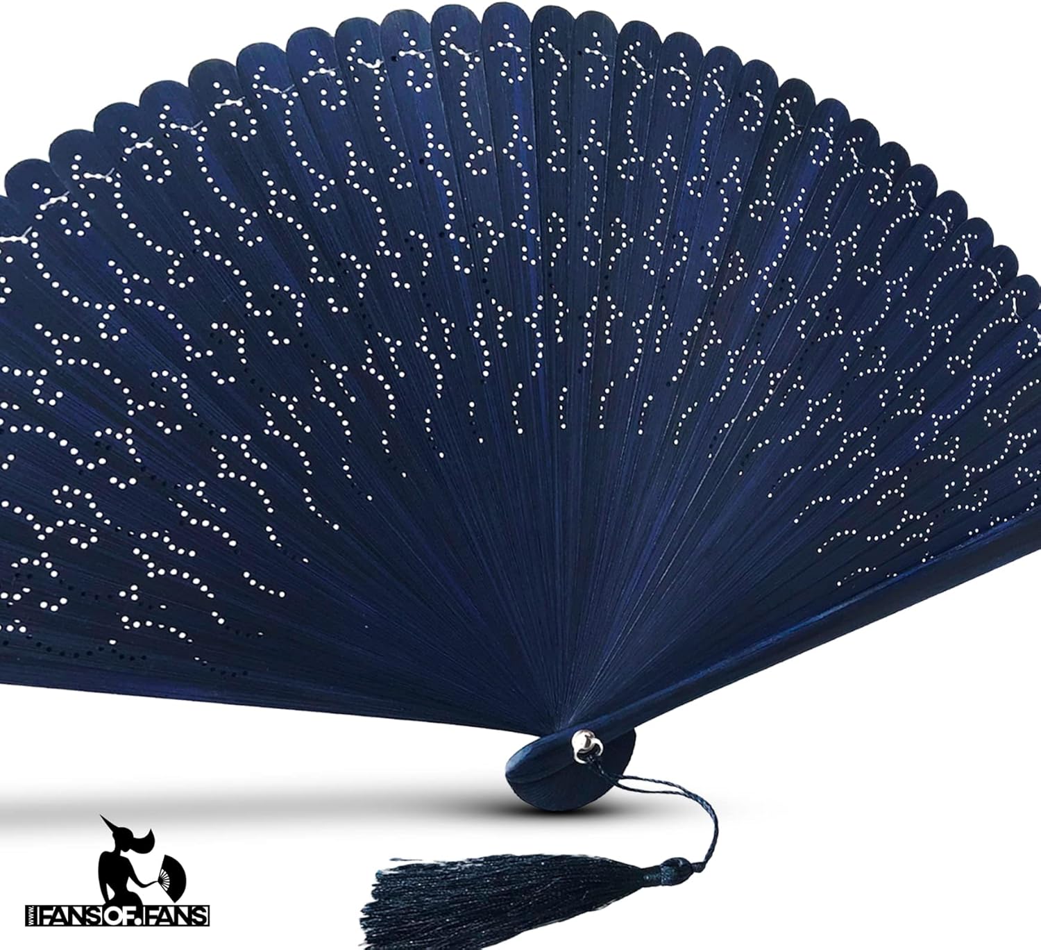 FANSOF.FANS Abanico plegable de madera azul marino grabado con una bolsa (HQF17)