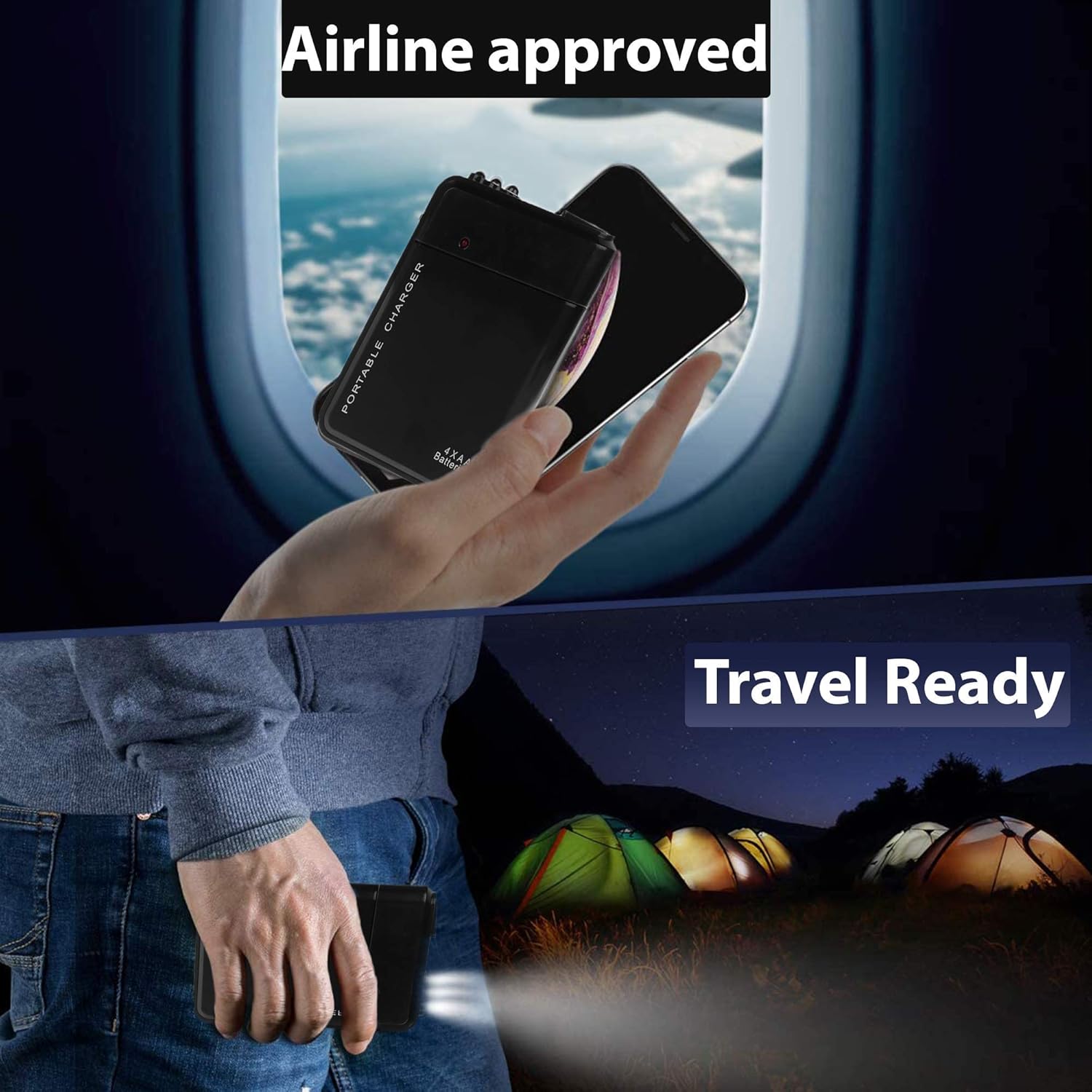 El cargador de viaje de batería AA portátil funciona para Samsung SM-A320F y recargador de emergencia con luz LED. Toma 4 pilas AA, USB-C) Negro