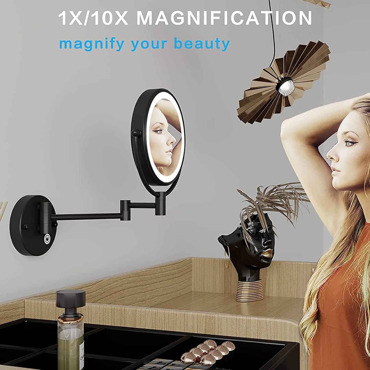 Espejo de maquillaje de 8 pulgadas con luces y aumento, espejo de aumento 1X10X con luz, rotación de 360 de doble cara, espejo de tocador de