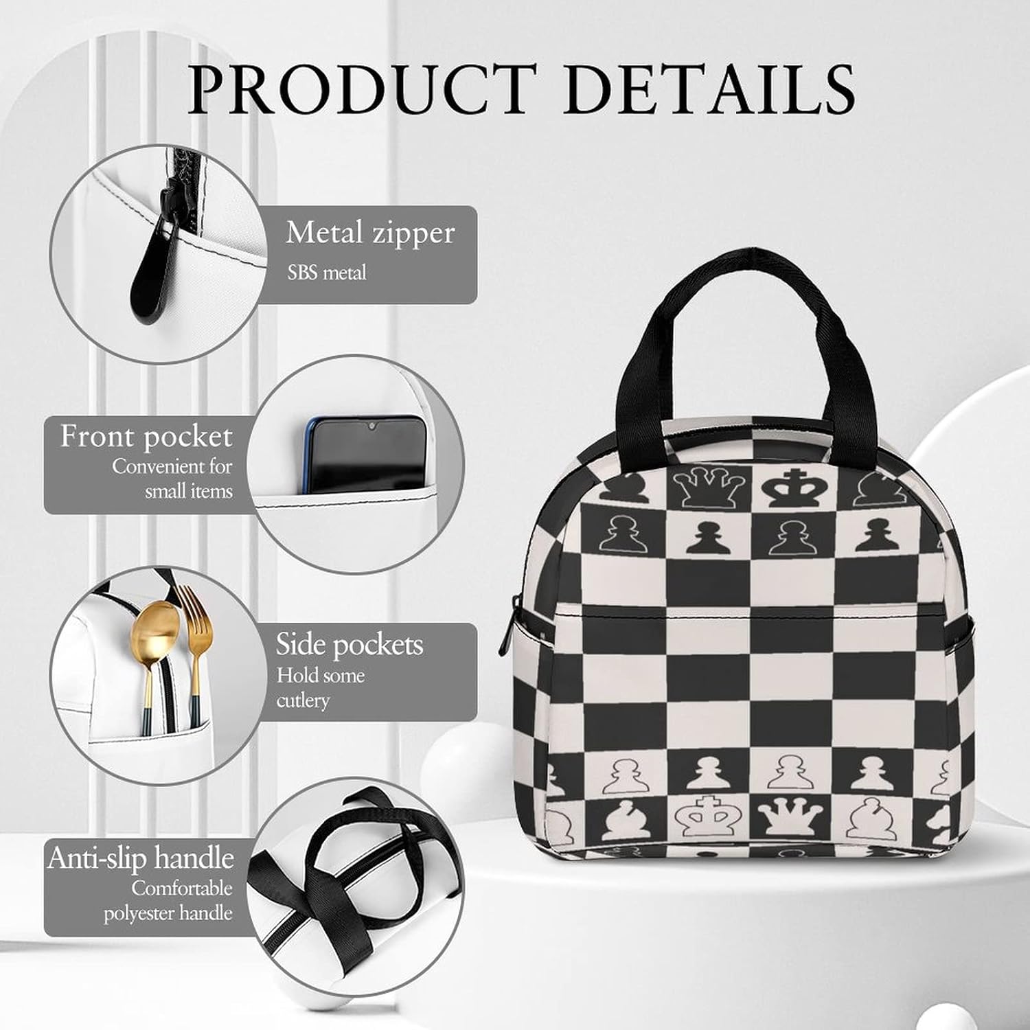 Lonchera con tablero de ajedrez blanco y negro, aislada, grande para adultos, hombres y mujeres, bolsas de almuerzo reutilizables a prueba de fugas,