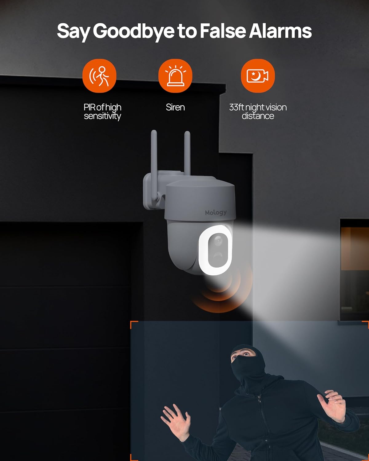 Mology Cámara de seguridad inalámbrica para exteriores, 2K 3MP con energía solar WiFi con visión nocturna a todo color, reflector, detección de