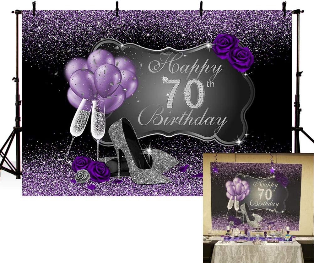 MEHOFOTO Fondo fotográfico negro y morado con tacones altos plateados, globos de rosa morada para fiesta de cumpleaños número 70, telón de fondo