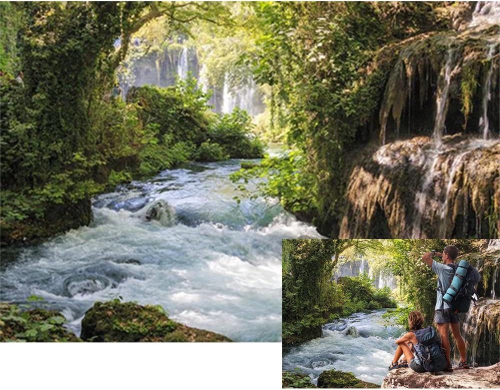 Baocicco Fondos de vinilo de 15 x 10 pies para fotografía de fondo de montaña y paisaje acuático, hermosa cascada y río, árbol antiguo al aire