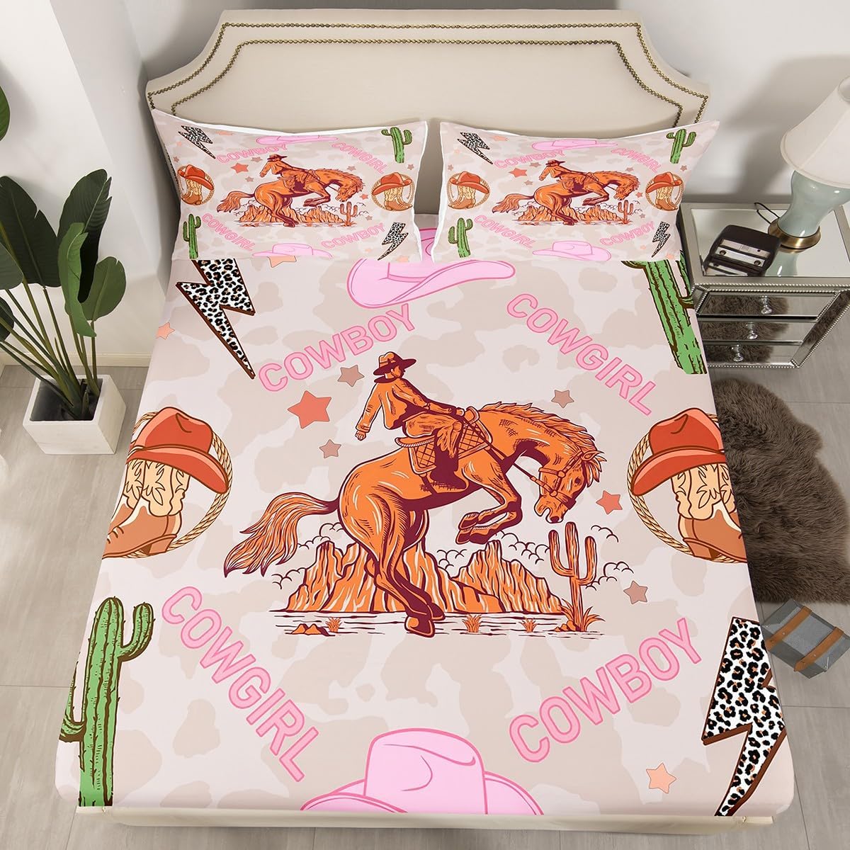 Juego de sábanas de vaquero occidental, tamaño individual, para niños, con sombrero de vaquera, botas y estrellas, cactus, decoración de habitación,