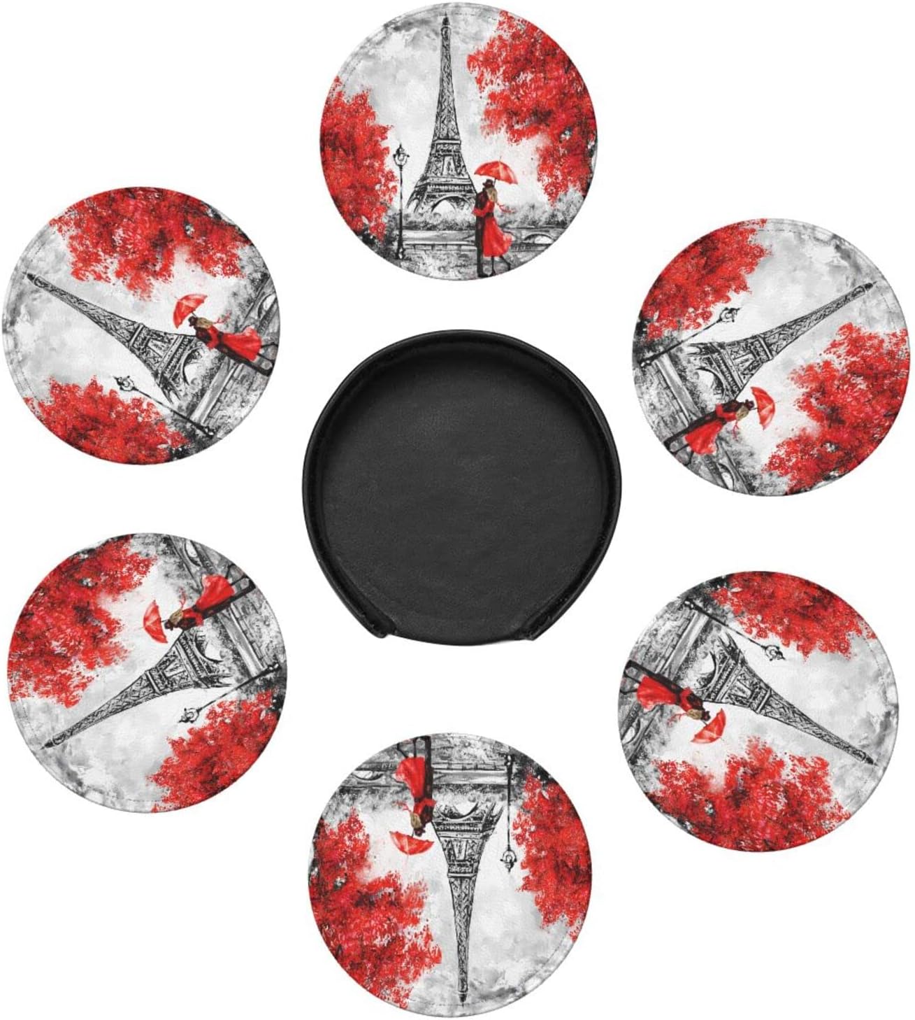 6 posavasos de cuero para bebidas con soporte rojo Eiffel Lovers París, juegos de posavasos para mesa de bebidas, posavasos para cocina, decoración