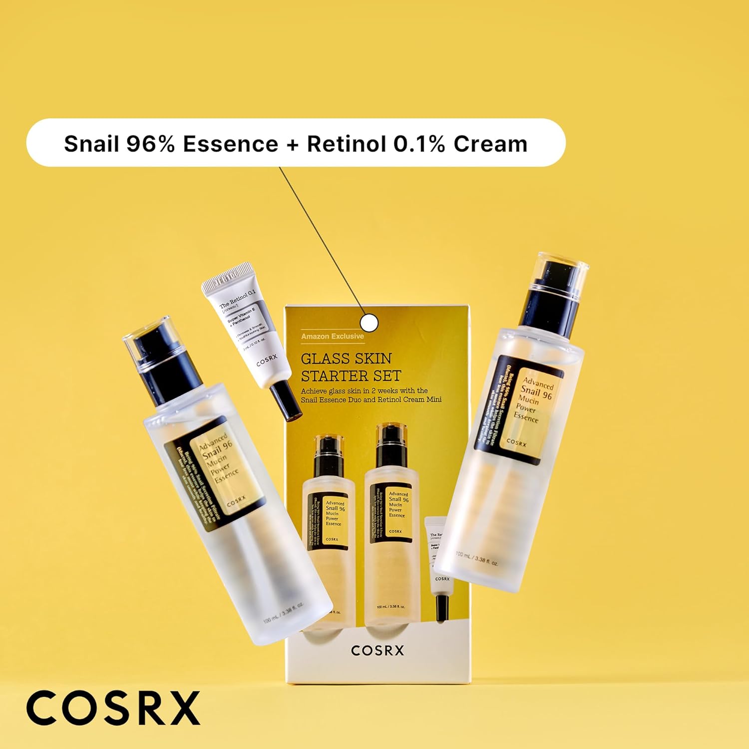 COSRX Juego de iniciación de Glass Skin para principiantes, Advanced Snail 96 Mucin Power Essence (3.38 onzas líquidas x 2) y Retinol 0.1 Cream Mini