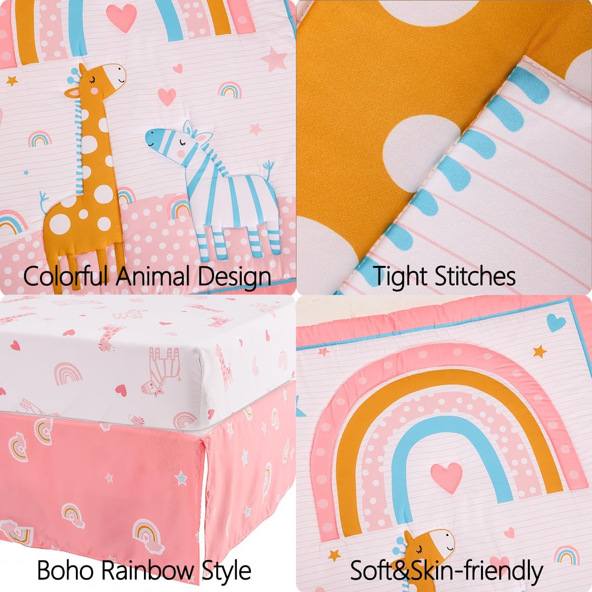 Juego de ropa de cama para cuna para niñas, 4 piezas, bohemio, arco iris, rosa, juego de ropa de cama para guardería con edredón de bebé, sábana