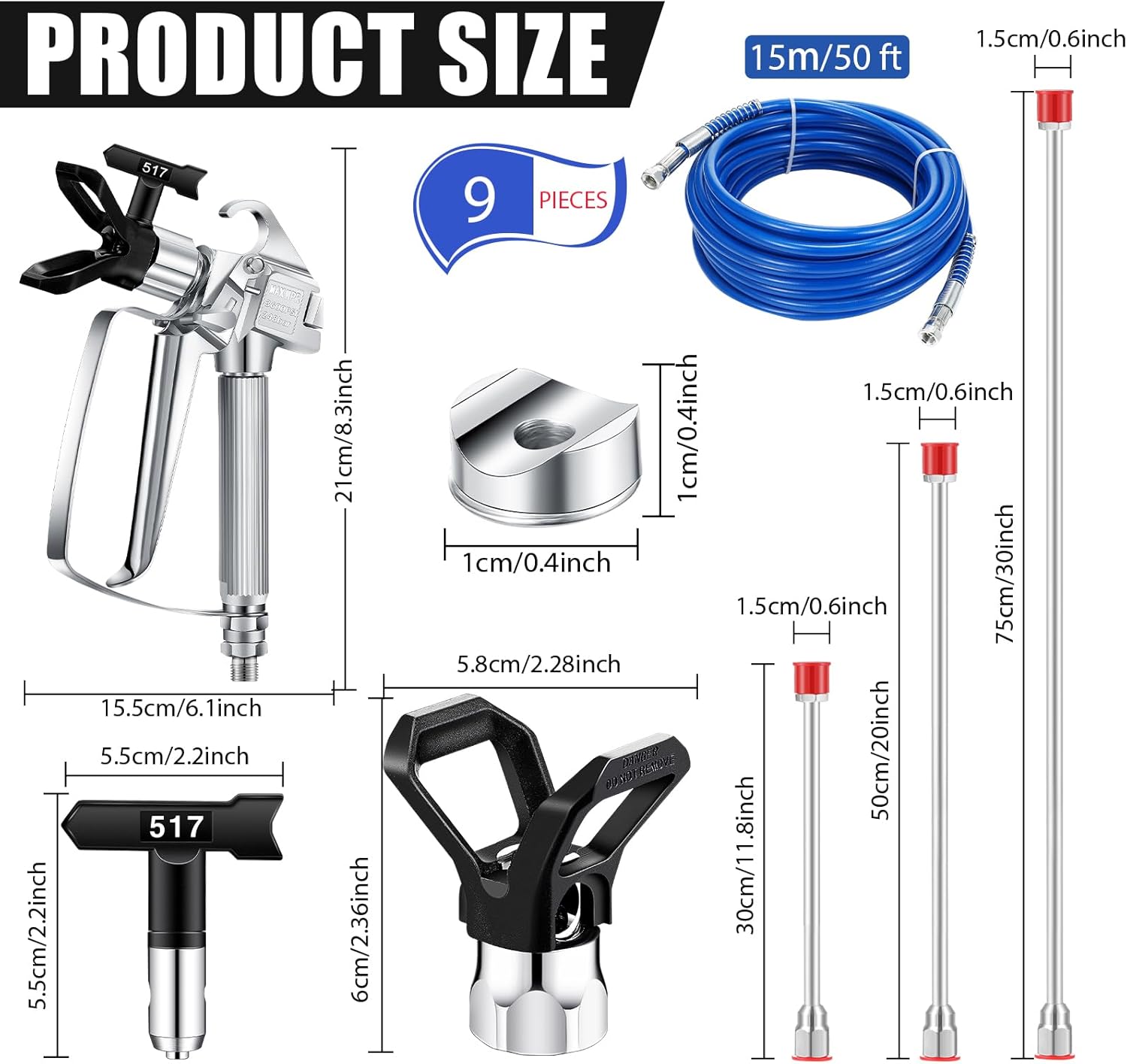 Kit de manguera de pistola pulverizadora sin aire de 9 piezas, tubo de fibra de alta presión de 50 pies, 3600 psi, con barra de extensión 313, 415,