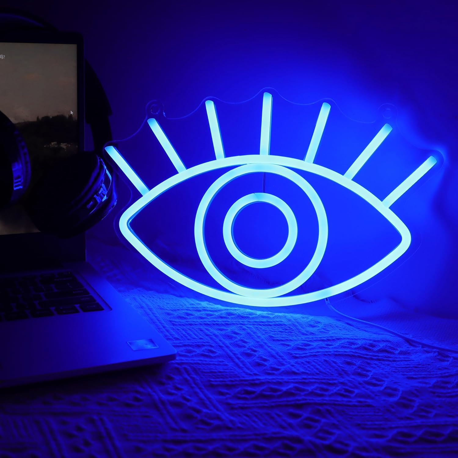 Attivolife Letrero de neón de ojos, luz nocturna decorativa azul malvado de ojo con alimentación USB, decoración de pared para dormitorio, sala de