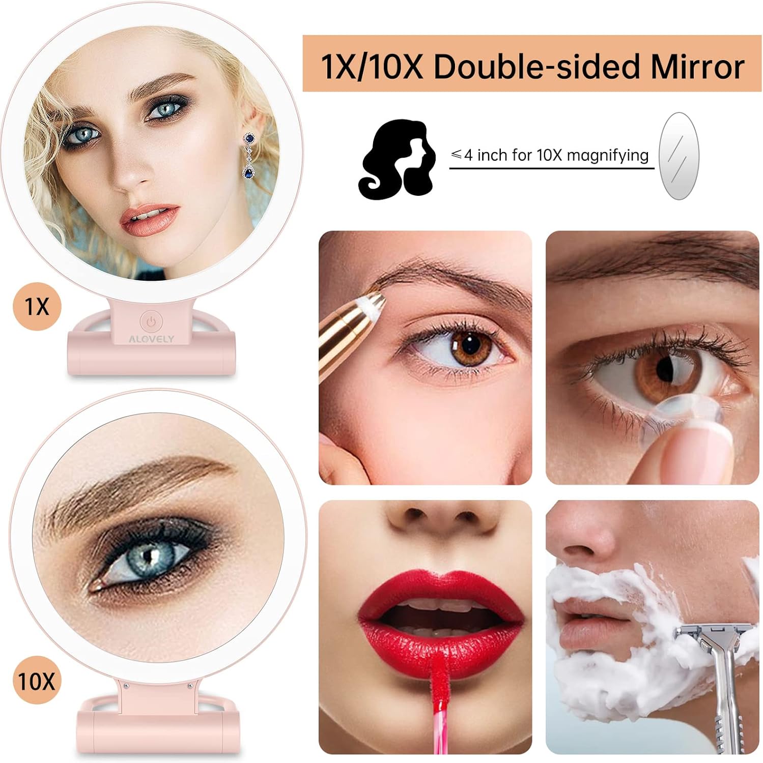 Espejo de aumento de viaje con luz, espejo de maquillaje iluminado con aumento de 1X10X, espejo de tocador LED portátil con brillo de iluminación de
