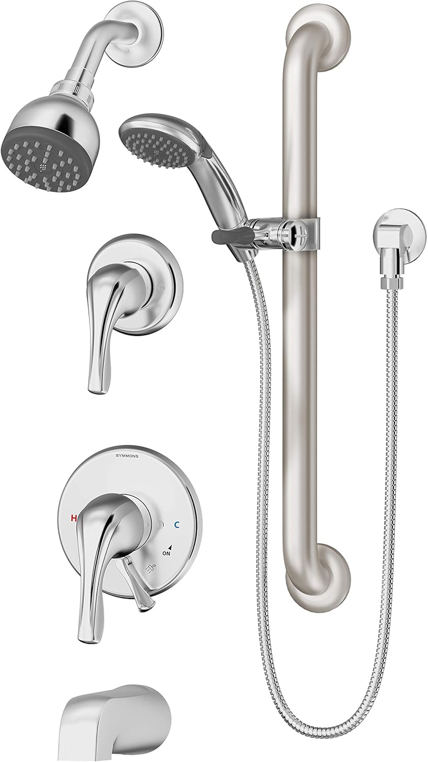 Symmons S-9606-PLR-1.5-TRM Origins – Bañera de 2 manijas y 1 regadera con 1 rociador de ducha de mano en cromo pulido (válvulas no incluidas)