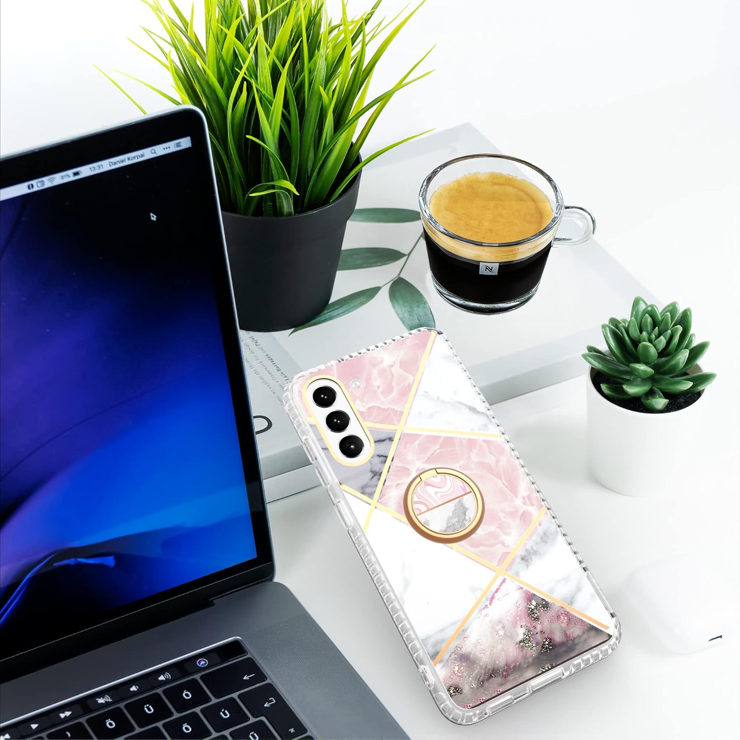 Asuwish Funda de teléfono para Samsung Galaxy S21 FE 5G con protector de pantalla y soporte de anillo de mármol, a prueba de golpes, silicona TPU,