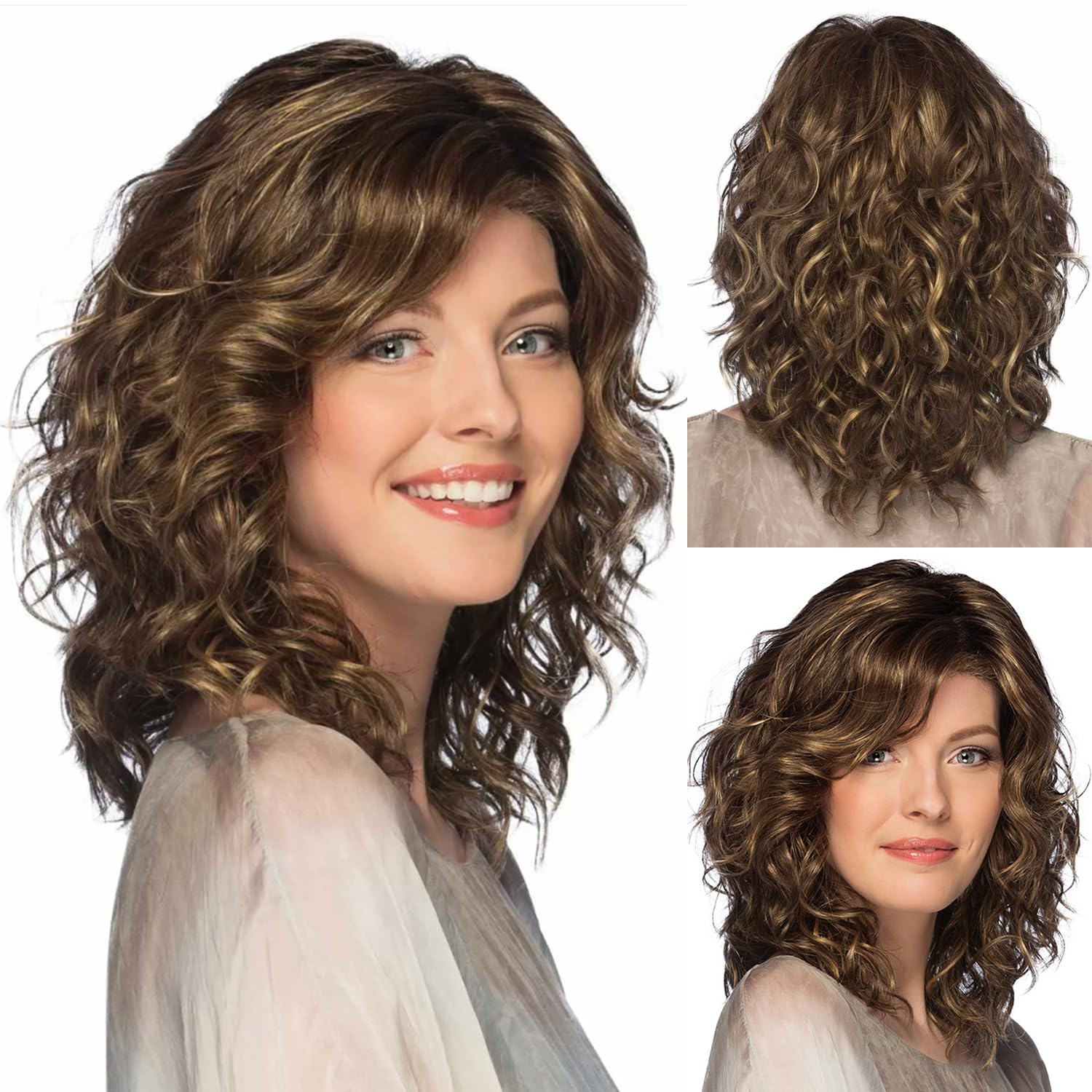 SEVENCOLORS Pelucas rizadas de longitud media con reflejos, pelucas cortas de color castaño mezclado con rubio, pelucas de cabello sintético