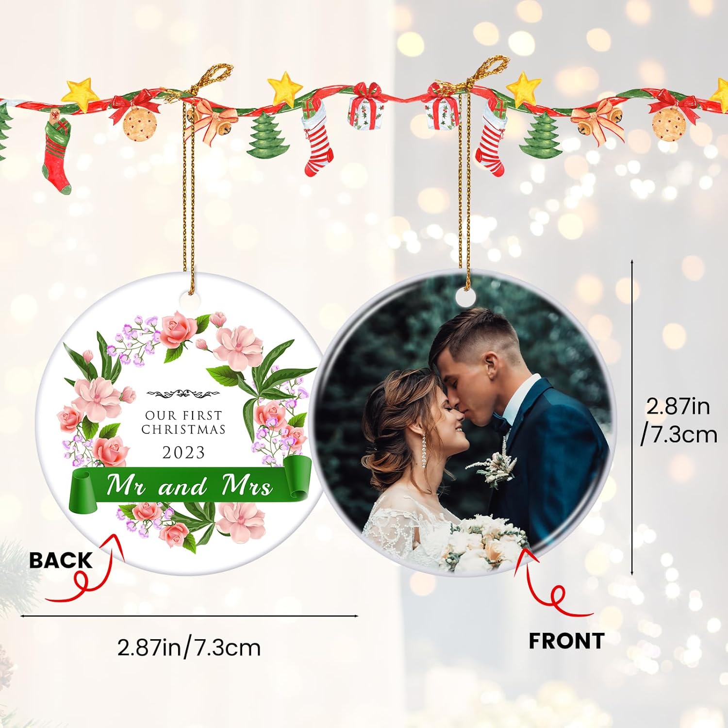 Adorno de matrimonio de primera Navidad 2023, adornos de Navidad personalizados, regalos de boda personalizados de doble cara para parejas, regalo