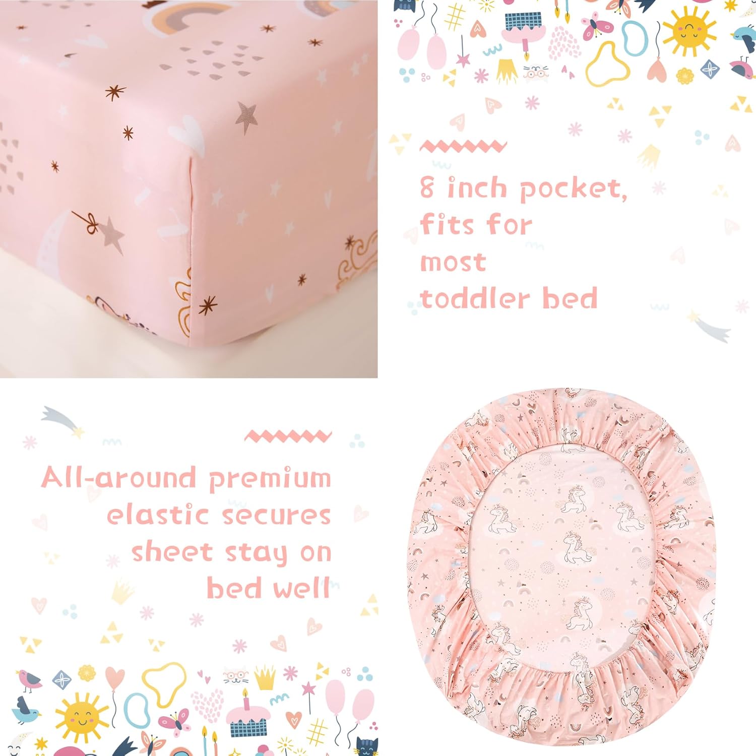 JSD Juego de ropa de cama infantil de 4 piezas de unicornio rosa, juego de edredón de microfibra con estampado de niñas, incluye sábana encimera,