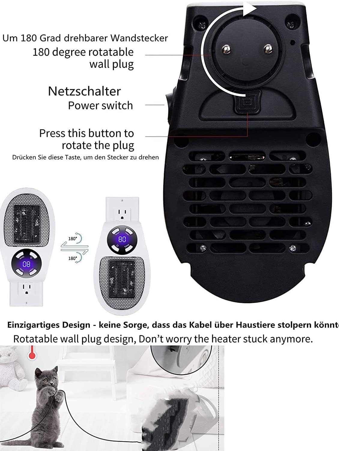 Calentador eléctrico inteligente de 500 W con termostato y temporizador ajustables, protección contra sobrecalentamiento, pantalla LED,