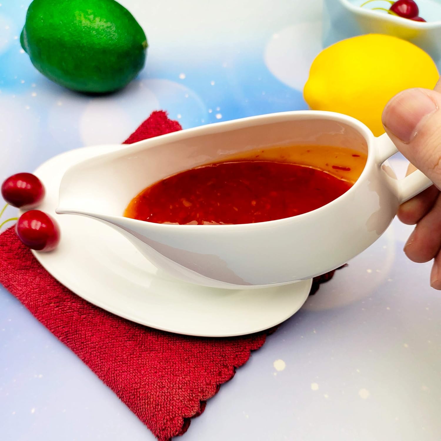 Salsa de cerámica con bandeja, apta para microondas y lavavajillas, color blanco (8 onzas)